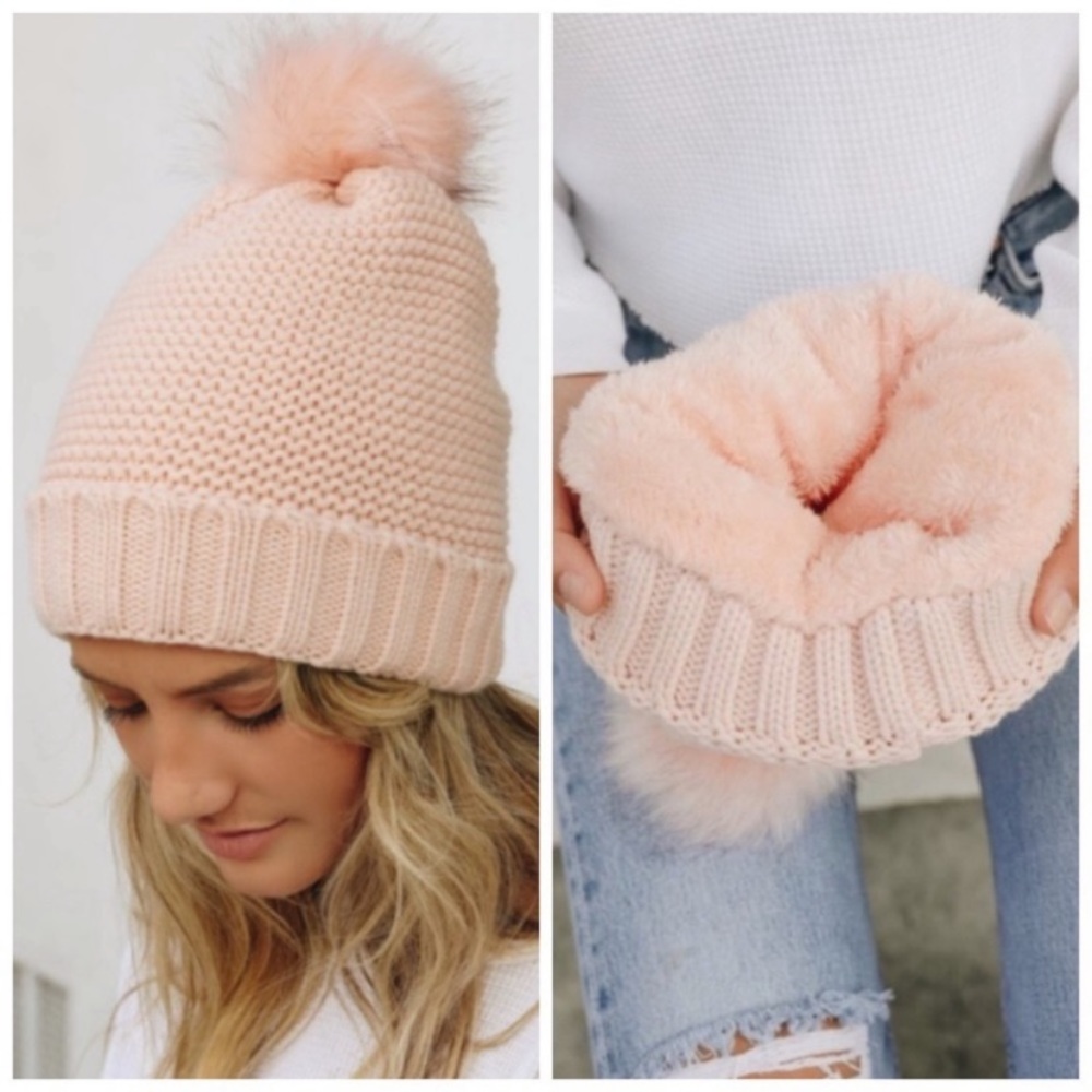 Blush knit faux fur pom beanie
